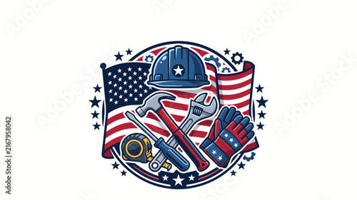 Clean premium vector art celebrating American labor and national pride, featuring essential work tools such as a hammer, wrench, and hard hat, ideal for Labor Day