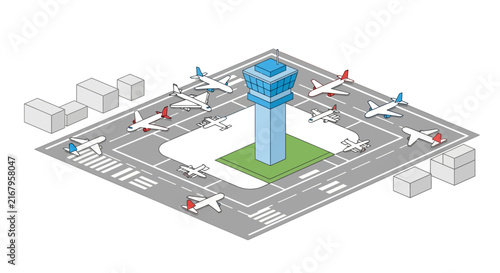 Isometric illustration of airport with control tower and airplanes.