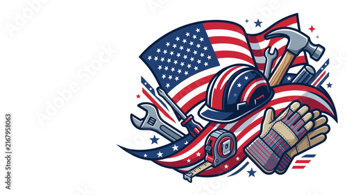 American Labor Day Vector Illustration with Construction Tools and United States Flag for Worker Celebration