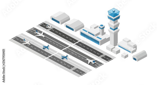 Isometric airport terminal with planes and control tower.