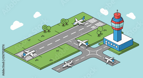 Isometric illustration of a busy airport with planes and control tower.