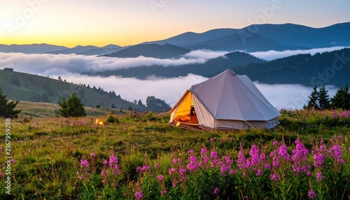 Serene mountain landscape with tent.