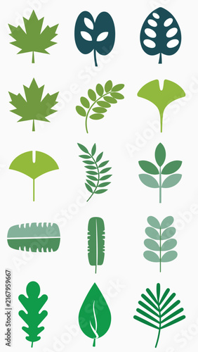 Colorful collection of stylized green leaf icons on white background.