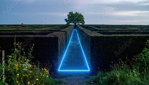 Glowing blue triangle in a field.