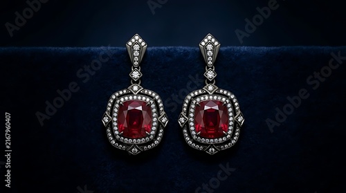 Exquisite Ruby and Diamond Drop Earrings on Dark Blue Velvet
