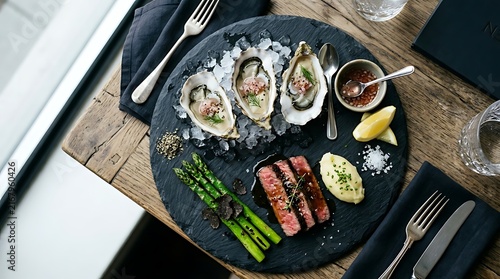Gourmet Surf and Turf Platter with Oysters and Steak on a Slate Board