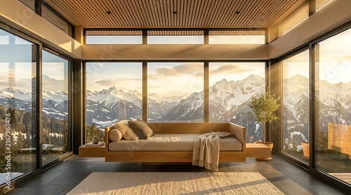 Modern Mountain View Living Room with Panoramic Glass Windows and Cozy Daybed
