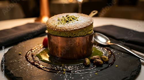 Gourmet Pistachio Souffle Served in Copper Ramekin on Dark Slate Plate in Restaurant