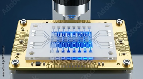 Microfluidic chip under microscope in laboratory for biomedical research