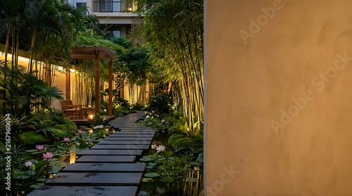 Serene Tropical Garden Walkway with Stepping Stones and Warm Evening Lighting in a Luxury Resort