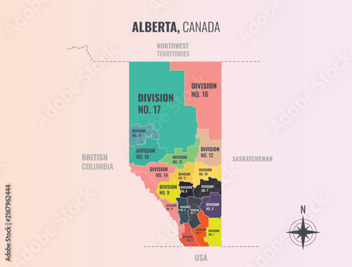 Alberta Canada Territory into Census Division in a minimalist colorful style map showing