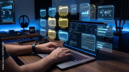 Developer working on laptop with floating digital file folders and data streams