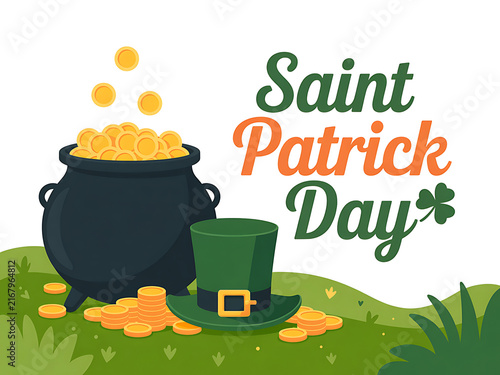 Saint patricks day vector illustration with a pot of gold coins and leprechaun hat