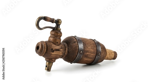 Vintage wooden beer barrel tap isolated on white background