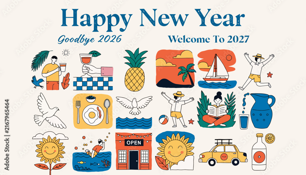 Fototapeta premium Happy New Year 2027 celebration with summer icons