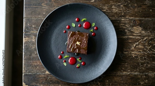 Gourmet Chocolate Brownie Plated Artistically with Berry Coulis and Mint on Black Plate