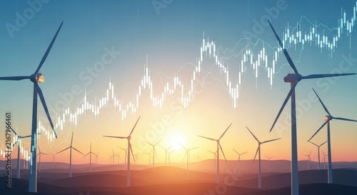 Sunrise silhouette of wind turbines over hills energy renewable power
