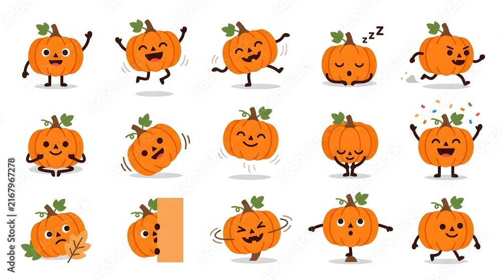 Fototapeta premium Cute Halloween pumpkin character set with various funny expressions and poses.