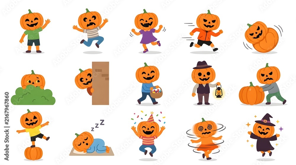 Fototapeta premium Set of cute children with pumpkin heads in various poses for Halloween celebration