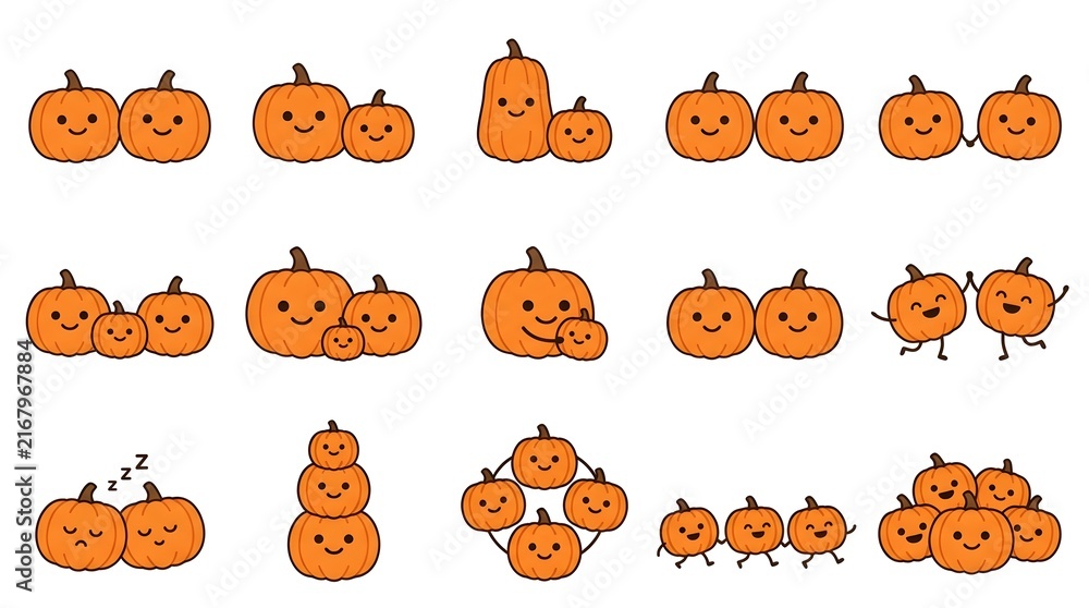 Obraz premium Cute cartoon pumpkin characters set for Halloween and autumn harvest holiday design