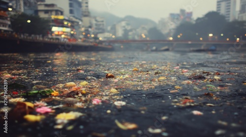 Polluted canal with floating waste and urban city in background