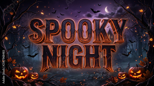Gothic Spooky Night Poster with Flying Bats, Crescent Moon, and Carved Pumpkins