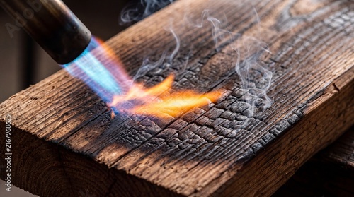 Blowtorch Flame Scorching Wooden Plank, Creating Charred Texture and Smoke