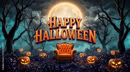 Happy Halloween Banner with Orange Armchair, Glowing Jack-o'-Lanterns, and Full Moon