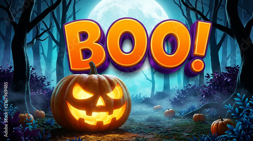 Halloween Boo Card Banner with Cartoon 3D Lettering, Evil Pumpkin, and Moonlight