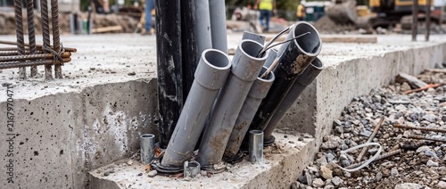 Grey electrical conduits and black pipes emerge from fresh concrete foundation block at commercial building development site during phase