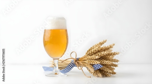 Cold glass of wheat beer with foam and wheat ears tied with blue ribbon isolated on white background