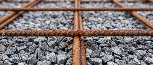 Rusty steel reinforcement rebar grid frame over crushed stone gravel base for concrete floor slab structural foundation pouring works