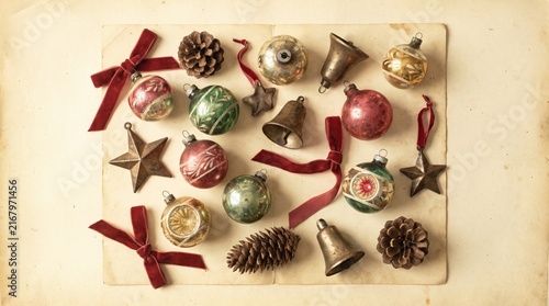 Vintage Christmas ornaments and decorations on aged paper background