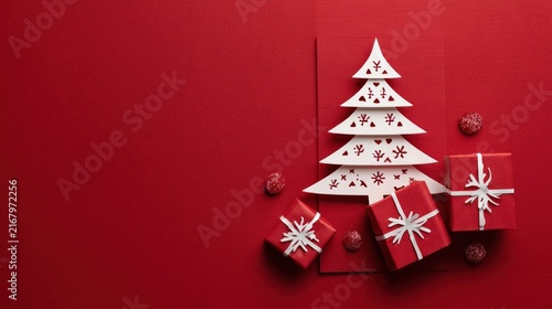 Greeting card with tree and gifts on red background, space for message
