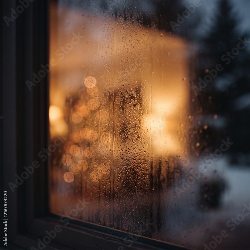 Water drops and condensation on window glass with warm bokeh lights inside, cozy winter evening rainy window view concept.