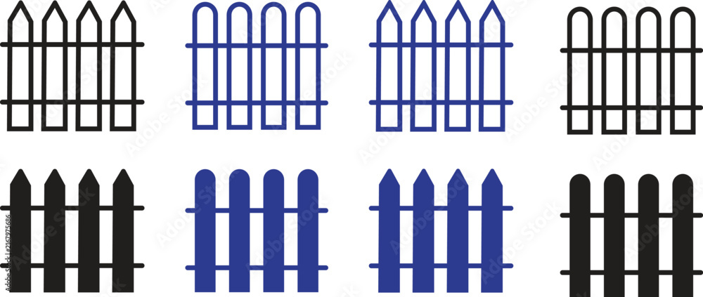 Obraz premium Fence Icon Set, Picket Wood Garden Yard Boundary Border Panel Symbols in Black and Blue Solid and Outline Style for Home, Garden and Real Estate Design