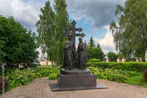 A genre sculpture dedicated to the ancient Russian patrons of family and marriage, Peter and Fevronia of Murom, on a sunny summer day, Veliky Novgorod, Russia