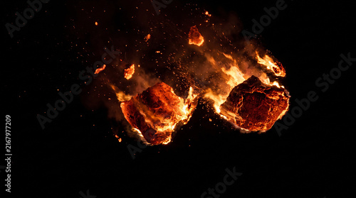 Cosmic explosion with fiery debris and glowing gas clouds in deep space