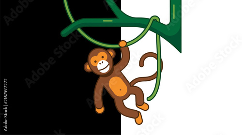 Canvas Print Playful cartoon monkey swinging from a green vine on a split black and white bac