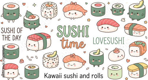 Cute kawaii sushi character set featuring rolls, nigiri, maki, salmon, avocado and rice Japanese food illustrations for playful restaurant designs
