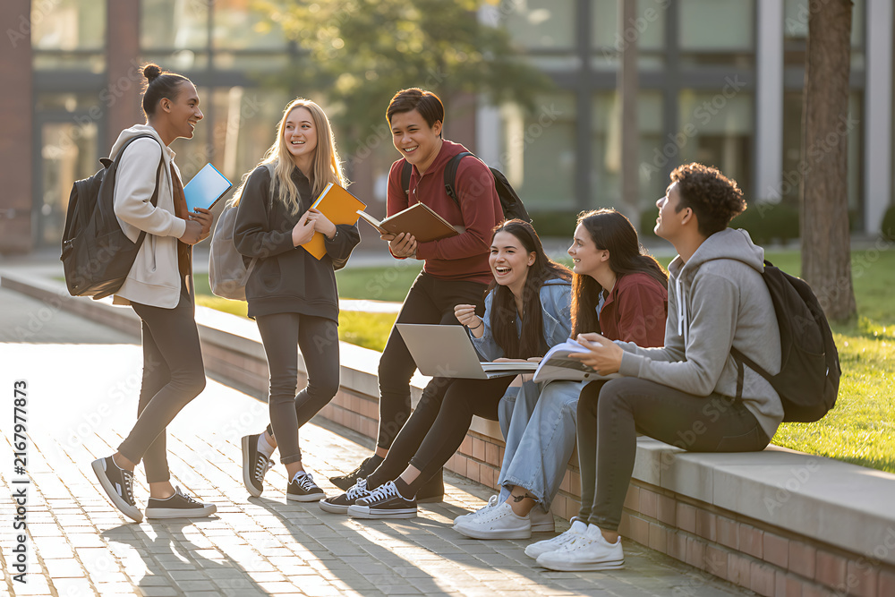 Fototapeta premium Diverse group of students talking and studying on campus outdoors