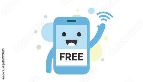 Cute cartoon mobile phone character waving a hand and holding a white sign with the word free on a clean background.