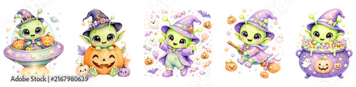 Cute Baby Alien in Halloween with Candy, Pumpkin and Ghost Watercolor Illustration Isolated on Transparent Background.