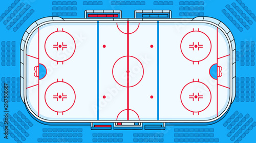 Top down flat vector illustration of an ice hockey rink stadium arena with professional markings and empty seating area for sports design projects