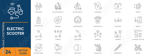 Electric Scooter Icon Set. Containing E-Scooter, Rental, Eco, E-Bike, Mobility, Sustainable, Transport and more. Editable vector Line icons collection