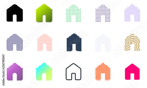Colorful minimalist home icons set isolated on transparent background, pixel art style vector graphics