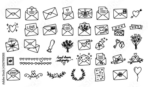 Love Letter Envelope Heart Romantic Doodle Thin Line Vector Icon Collection