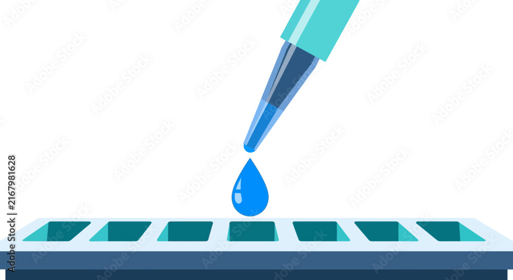 Fototapeta premium Laboratory Pipette Dropping Blue Liquid Sample into Microplate Well, Medical Scientific Research and Biotechnology Vector Illustration Concept