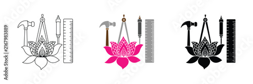 A Hindu festival that honors Lord Vishwakarma. Engineering draft tools with lotus flower element icon set vector line silhouette flat illustration.