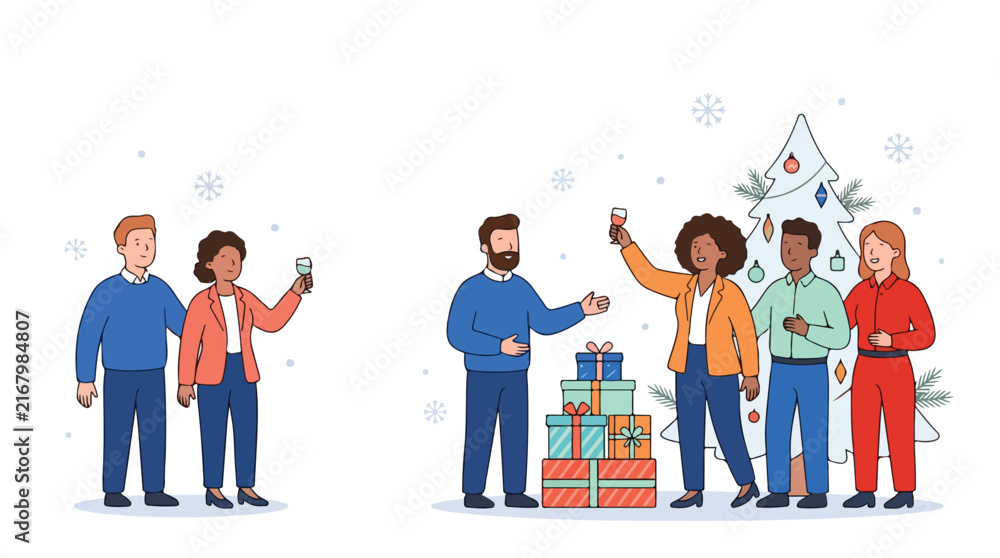 Obraz premium Festive Gathering by the Christmas Tree: A group of diverse people enjoys a holiday celebration, toasting with drinks beside a beautifully decorated Christmas tree and stacks of wrapped presents.
